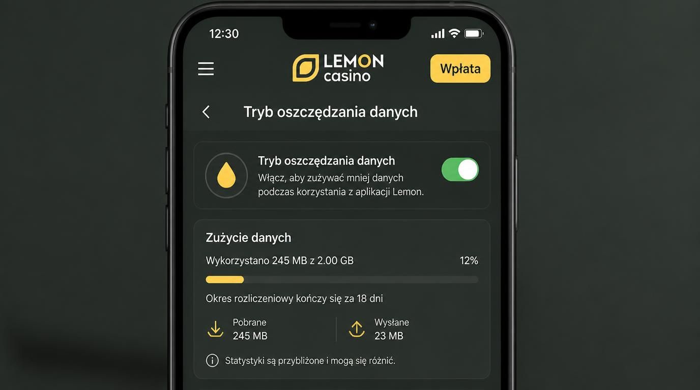 Interfejs trybu oszczędzania danych w Lemon Casino
